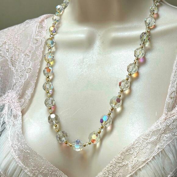 Vintage Jewelry - Vintage 1920s 23" Art Deco Graduated AB Crystal Faceted and Gold Beads Necklace